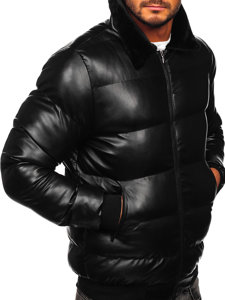 Chaqueta acolchada de cuero de invierno para hombre negro Bolf 0022