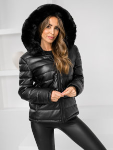 Chaqueta acolchada de invierno de cuero con capucha para mujer negro Bolf 11Z8070