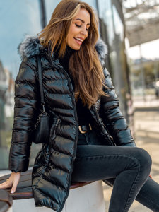 Chaqueta acolchada, larga con capucha de invierno para mujer negro Bolf 7076