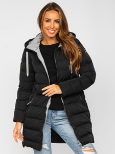 Chaqueta acolchada, larga con capucha de invierno para mujer negro Bolf 7081