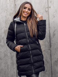 Chaqueta acolchada, larga con capucha de invierno para mujer negro Bolf 7081