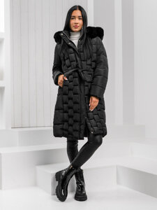 Chaqueta acolchada larga negra para mujer abrigo de invierno con capucha Bolf 11Z8179