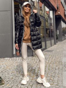 Chaqueta acolchada larga reversible abrigo de invierno con capucha para mujer negro Bolf B8070A