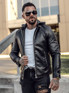 Chaqueta biker de cuero con capucha para hombre negro Bolf 11Z8012