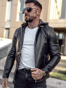 Chaqueta biker de cuero con capucha para hombre negro Bolf 11Z8012