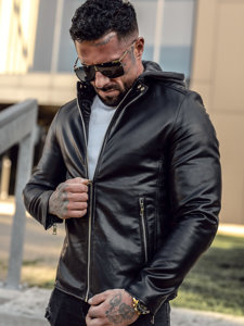 Chaqueta biker de cuero con capucha para hombre negro Bolf 11Z8012