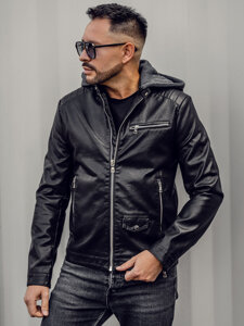 Chaqueta biker de cuero con capucha para hombre negro Bolf 11Z8022