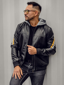 Chaqueta de cuero con capucha para hombre negro y amarillo Bolf HY614