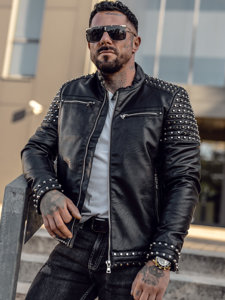 Chaqueta de cuero con remaches para hombre negro Bolf 11Z8007