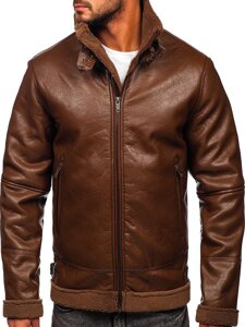 Chaqueta de cuero forrada con borrego para hombre marrón Bolf EX930