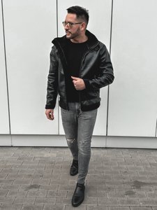 Chaqueta de cuero forrada con borrego para hombre negro Bolf EX930