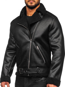 Chaqueta de cuero negra para hombre con abrigo de piel de oveja Bolf 11Z8006