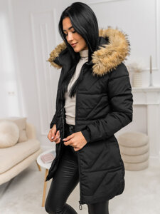 Chaqueta de invierno con capucha y pelo para mujer negro y marrón Bolf 16M9099