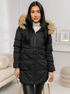 Chaqueta de invierno con capucha y pelo para mujer negro y marrón Bolf 16M9099