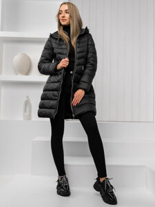 Chaqueta larga acolchada abrigo de invierno con capucha para mujer negro Bolf 11Z8083