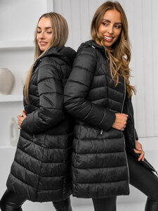 Chaqueta larga acolchada abrigo de invierno con capucha para mujer negro Bolf 11Z8083A