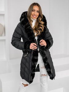 Chaqueta larga acolchada abrigo de invierno con capucha para mujer negro Bolf 5M3156