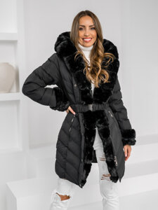 Chaqueta larga acolchada abrigo de invierno con capucha para mujer negro Bolf 5M3156