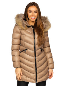 Chaqueta larga acolchada abrigo de invierno con pelo natural para mujer marrón Bolf M688