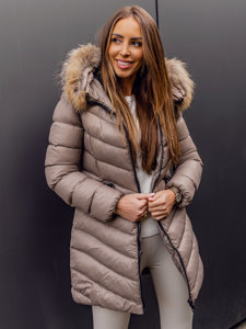 Chaqueta larga acolchada abrigo de invierno con pelo natural para mujer marrón Bolf M688