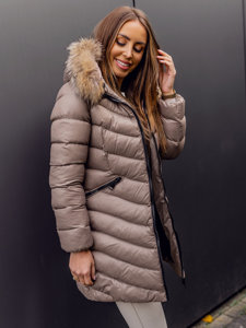 Chaqueta larga acolchada abrigo de invierno con pelo natural para mujer marrón Bolf M688