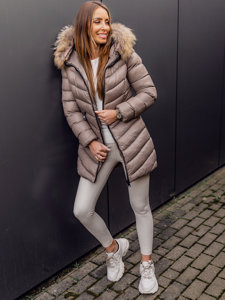 Chaqueta larga acolchada abrigo de invierno con pelo natural para mujer marrón Bolf M688