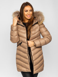 Chaqueta larga acolchada abrigo de invierno con pelo natural para mujer marrón Bolf M688