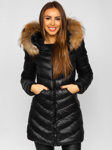 Chaqueta larga acolchada abrigo de invierno con pelo natural para mujer negro Bolf M688