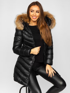 Chaqueta larga acolchada abrigo de invierno con pelo natural para mujer negro Bolf M688