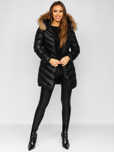 Chaqueta larga acolchada abrigo de invierno con pelo natural para mujer negro Bolf M688