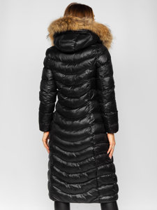 Chaqueta larga acolchada de invierno para mujer con pelo natural. Negro Bolf M699