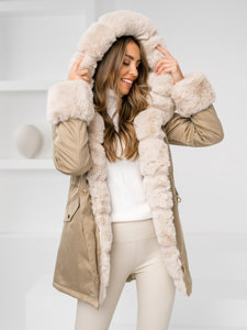 Chaqueta parka larga de invierno con capucha para mujer beige Bolf B553