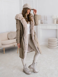 Chaqueta parka larga de invierno con capucha para mujer beige Bolf B557