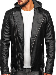 Chaqueta ramonera biker de cuero con capucha para hombre negro Bolf 11Z8005