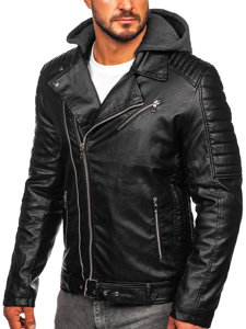 Chaqueta ramonera biker de cuero con capucha para hombre negro Bolf 11Z8005