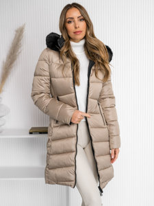 Chaqueta reversible acolchada larga abrigo de invierno con capucha para mujer beige Bolf B8202