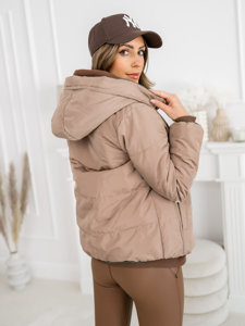 Chaqueta reversible gruesa acolchada de invierno con capucha para mujer beige Bolf B8181