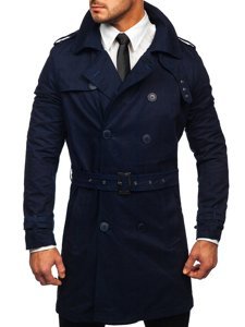 Gabardina cruzada para hombre color azul oscuro con cuello alto y cinturón Denley 5569