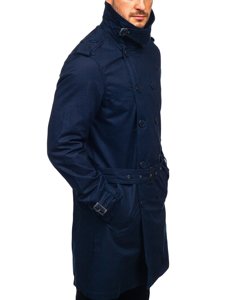 Gabardina cruzada para hombre color azul oscuro con cuello alto y cinturón Denley 5569