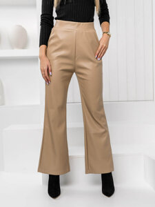 Pantalón de campana de cuero para mujer beige Bolf W7585