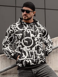 Sudadera con capucha tipo canguro con impresión para hombre negro y blanco Bolf 8B1152A