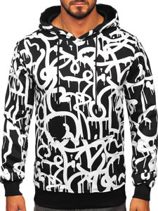 Sudadera tipo canguro con capucha con impresión para hombre negro y blanco Bolf 8B1152