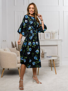 Vestido de diseño floral para mujer negro y azul Bolf XY202116