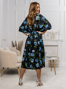 Vestido de diseño floral para mujer negro y azul Bolf XY202116